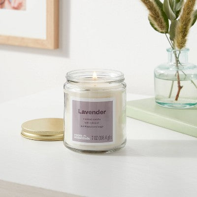 7oz Glass Jar Lavender Candle with Lid - Room Essentials: Sage & Eucalyptus Scent, 25hr Burn Time, Paraffin & Palm Wax