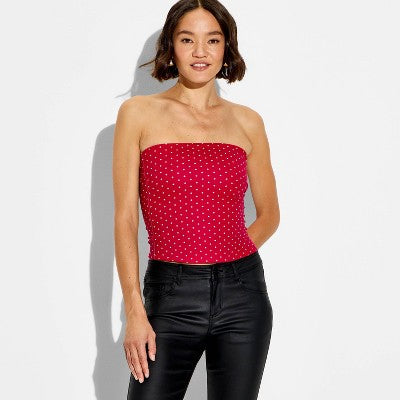Women's ButterBliss Reversible Tube Top Berry Red Polka Dots M