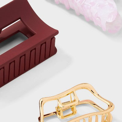 Mixed Shape Abstract Claw Hair Clip Set 3pc - Universal Thread Gold/Maroon/Pink