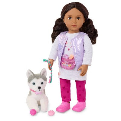 Our Generation Estella and Evi 18" Doll and Pet Puppy Set: Brown Eyes, Wavy Hair, Plastic & Polyester Materials
