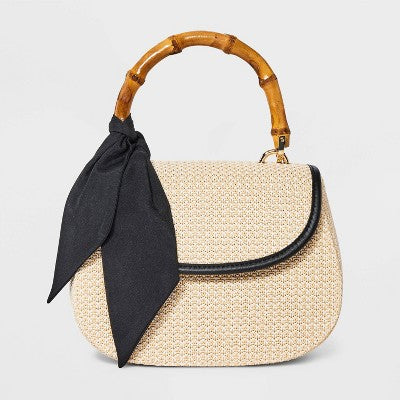 Straw Bamboo Top Handle Handbag - A New Day Natural/Black