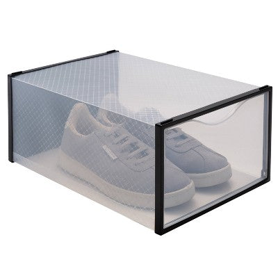 Simplify Set of 12 Drop Front Shoe Box Black: Plastic Storage Drawers for Shoe Storage, No Assembly Required