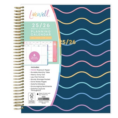 Blue Sky 7"x9" Livewell 2025-2026 Weekly/Monthly Spiral Coil Planner Laminated Lynnie Navy Waves