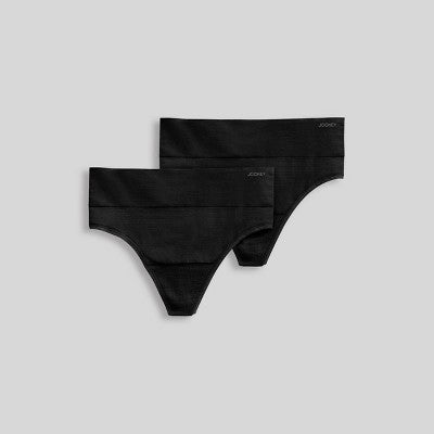Jockey Generation Women's Seamfree Comfort Waist Thong 2pk - Black L: Lightweight Mid Rise Knit Underwear, Tagless