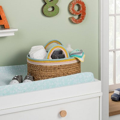 Braided Water Hyacinth Diaper Caddy with Coiled Rope Handles - Pink - Cloud Island