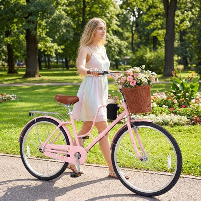 Gymax 26-Inch Beach Cruiser Bike w/Adjustable Seat Woven Basket & Rear Rack for City (LOCAL PICKUP ONLY)