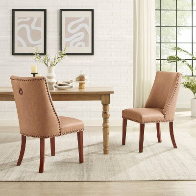 Axbridge Nailhead Trim Side Chair Faux Leather Tan - Powell: Set of 2, Upholstered, Wood Legs (LOCAL PICKUP ONLY)