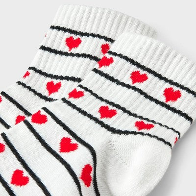 Women's Stripes & Hearts Valentine's Day Ankle Socks - Ivory/Black/Red 4-10