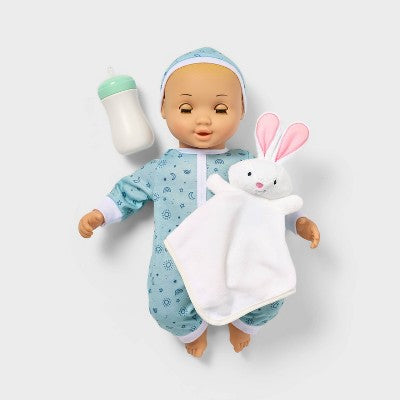 14" Snooze and Snuggle Baby Doll - Blonde Hair + Blue Eyes - Gigglescape