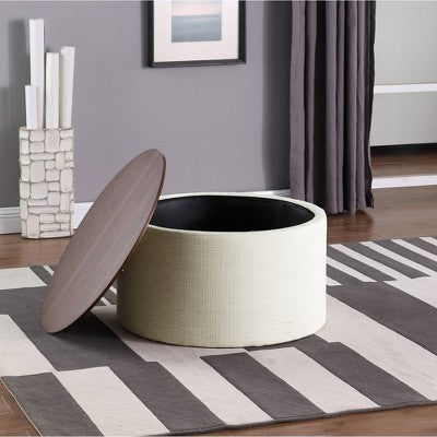HomePop 30" Dinah Storage Ottoman Cream: Upholstered Round Bench with Lid (LOCAL PICKUP ONLY)