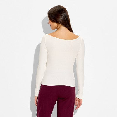 Women's Slim Fit Long Sleeve Boat Neck Ribbed T-Shirt - Cream L