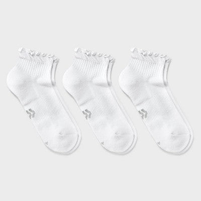 Women's Cushioned Ruffle 3pk Ankle Socks - All In Motion White 4-10: Arch Support, Knit Midweight
