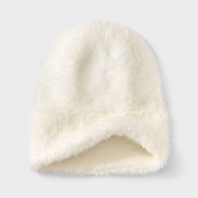 Girls' Wide Cuff Fuzzy Beanie Hat - art class White