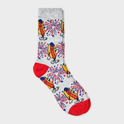 Women's Patriotic Hot Dog Crew Socks - Heather Gray 4-10: Recycled Polyester, Banded Cuff, Knit Fabric