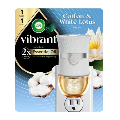 Air Wick Vibrant Scented Oil Air Freshener Advanced 1 Warmer and 1 Refill Kit - Cotton & White Lotus - 0.67 fl oz/2ct