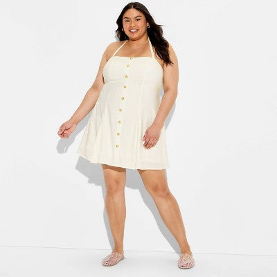 Women's Button-Front Halter Mini A-Line Dress - Cream XXL