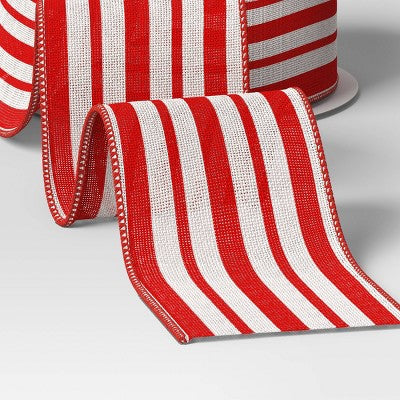 45' Christmas Fabric Ribbon Red White Striped - Wondershop