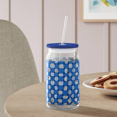14.5 fl oz Glass Straw Tumbler Blue Check - Room Essentials