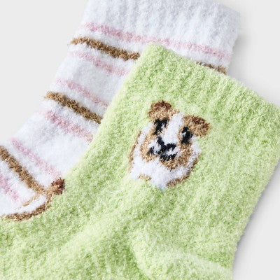 Women's Guinea Pigs 2pk Cozy Quarter Crew Socks - Green/White 4-10: Midweight Velour Ribbed Animal Pattern