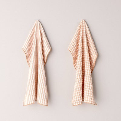 2ct Reversible Textured Gingham/Stripe Kitchen Towel Set Blush - Hearth & Hand with Magnolia
