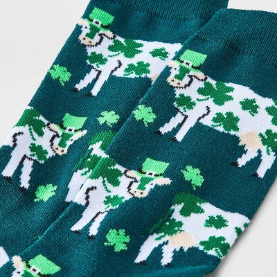 Women's Lucky Cow St. Patrick's Day Crew Socks - Green 4-10: Recycled Polyester Blend, Animal Pattern, Banded Cuff, Knit Fabric