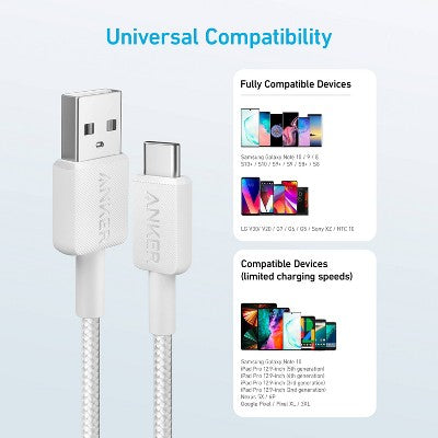 Anker 322 3' USB-A to USB-C Braided Cable - White Iteration
