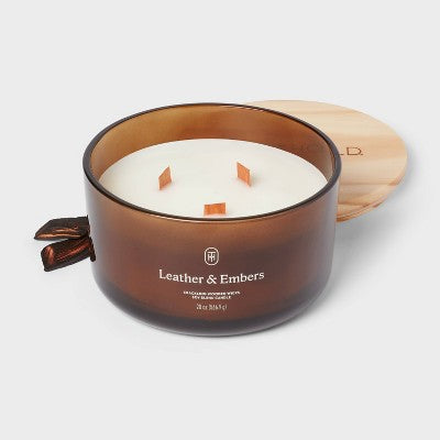 3-Wick Amber Glass Wooden Wick Leather and Embers Jar Candle 20oz - Threshold