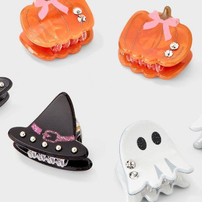 Halloween Pumpkin Bow Witch Hat & Ghost Embellishment Claw Hair Clip Set 6pc - Orange/Black/White