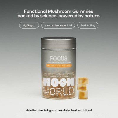 NOON WORLD Focus Daily Functional Mushroom Gummies - Fresh Peach - 60ct
