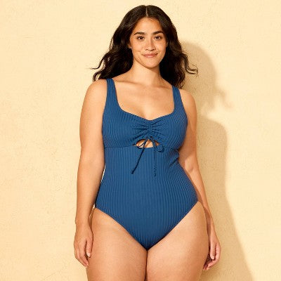Women's Ribbed Cinch Front One Piece Swimsuit Shade&Shore Blue L