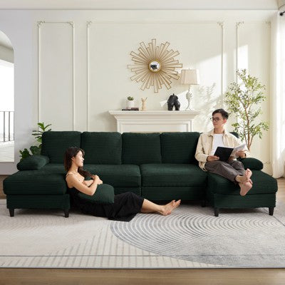 Mjkone 112" U Shaped Sectional Couches, Corduroy Sectional Sofa with Double Chaises and Sleepable Armrests, Large 4 Seater Sofa,Green (LOCAL PICKUP ONLY)