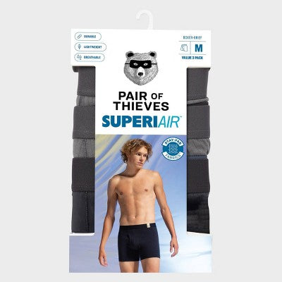 Pair of Thieves Men's 3pk SuperiAir Boxer Briefs - Gray M: Cotton Blend, Seamless, Tagless, Full Waistband Elastic, Medium