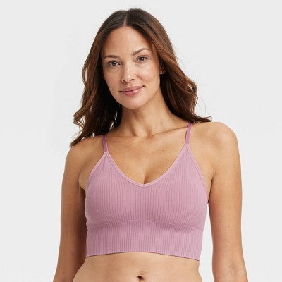 Women's Ribbed Seamless Bralette XL: V Back, Removable Cup, Knit