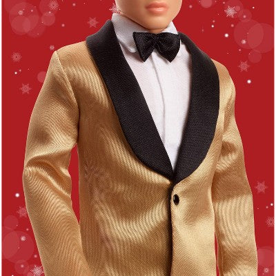 Barbie Signature 2025 Holiday Black Hair Ken Collectible Fashion Doll wearing Full Suit with Golden Jacket