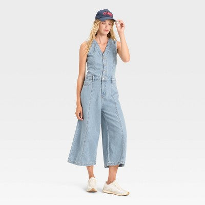 Women's Cropped Sleeveless Denim Jumpsuit 10