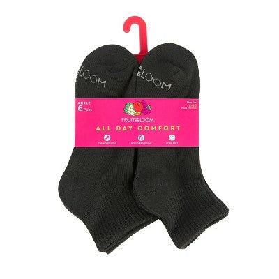 Fruit of the Loom Women's Cushioned 6pk Ankle Socks - Black 4-10: Moisture Wicking, 4-Way Stretch