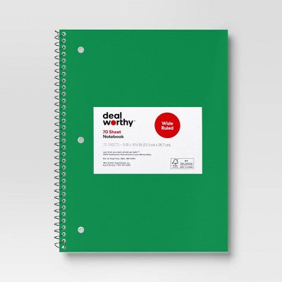 Subject Spiral Notebook Wide Ruled Green - Dealworthy