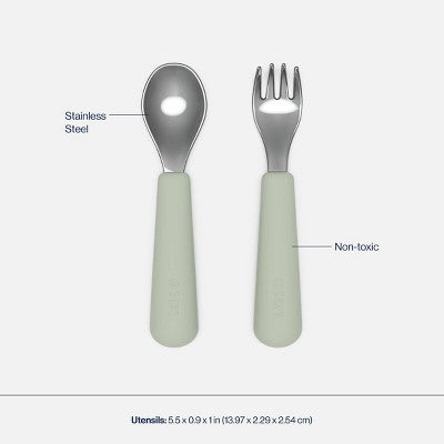 Lalo 3pc Silicone Toddler Plate + Utensils Mealtime Set - Sage: Non-Toxic, BPA-Free, Reusable