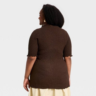 Women's Short Sleeve Mock Neck Textured Top - A New Day Brown 4X