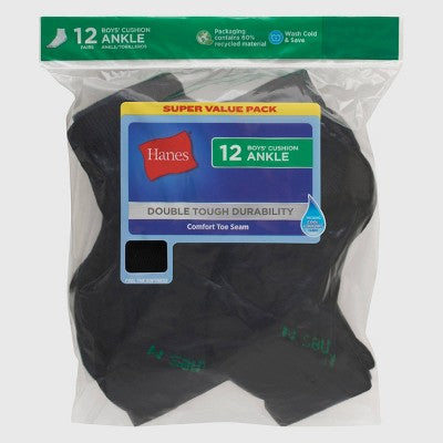 Hanes Boys' 12pk Cushioned Ankle Athletic Socks - Black S