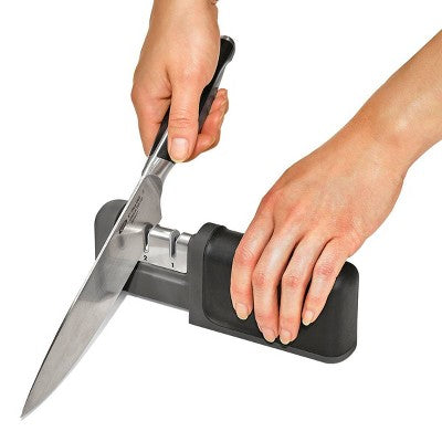 OXO Knife Sharpener: Manual Stainless Steel & Ceramic, Tungsten Carbide, Black, Lifetime Warranty, 5.39" Length