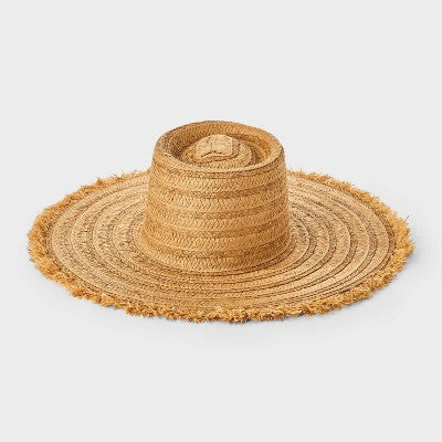 Straw Fringe Wide Brim Boater Hat - A New Day Natural L/XL