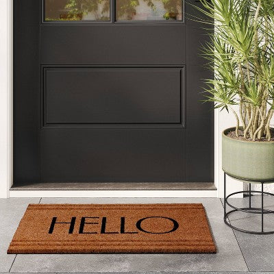 1'6"x2'6" 'Hello' Stripe Border Coir Doormat Natural - Threshold: Outdoor Welcome Mat, Rectangle, Medium Pile