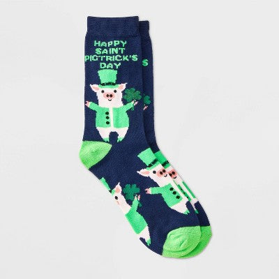 Women's 'Happy St. Pigtrick's Day' St Patrick's Day Crew Socks - Navy/Green 4-10: Recycled Polyester, Animal Icon Pattern