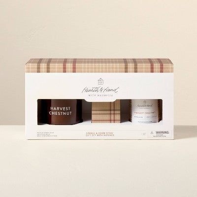 3pc Harvest Chestnut Gift Set with 7oz Jar Candle, 3.38 fl oz Room Spray, and 5.1cm Matches - Hearth & Hand with Magnolia