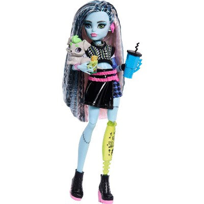 Monster High Frankie Stein Fashion Doll in Black Pleather Skirt with Pet Watzie and 7 Accessories