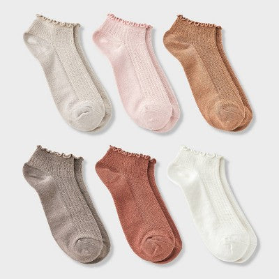Women's Pointelle Lettuce Edge 6pk Low Cut Socks - A New Day Ivory/Peach/Brown 4-10: Recycled Polyester, Ruffle Trim, Tagless
