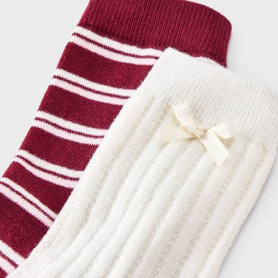 Women's Pointelle with Bow & Striped 2pk Mid Crew Socks - Wild Fable Ivory/Burgundy/Pink 4-10