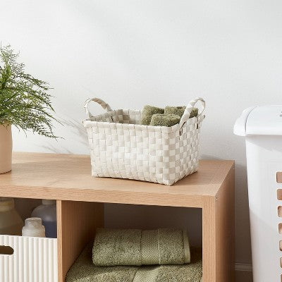 Woven Plastic Basket Small Tan/White Checkered - Brightroom