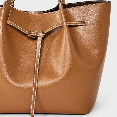 Belted Pinched Handle Tote Handbag - A New Day Brown